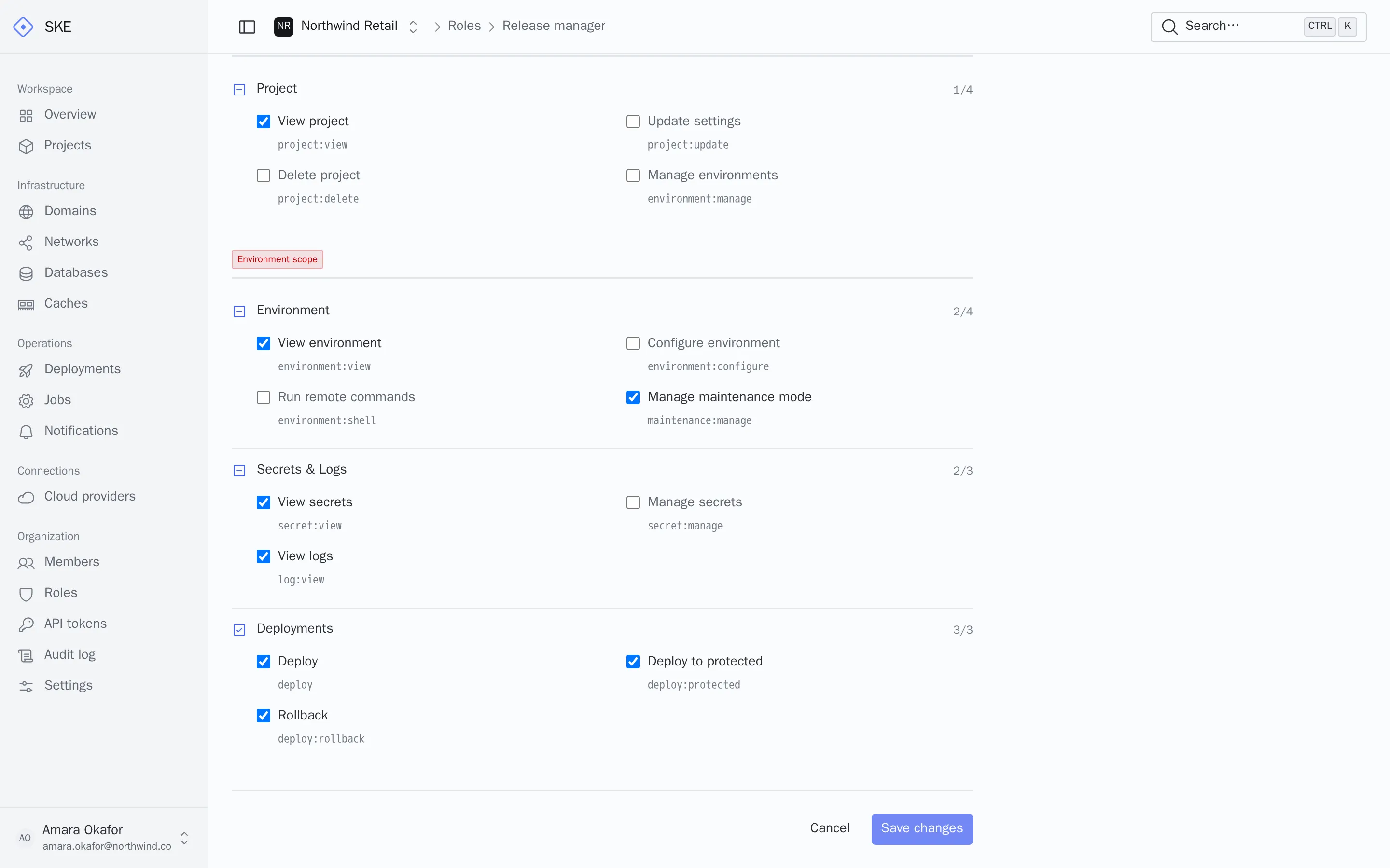Editing a custom Release manager role in SKE: environment, secrets, logs and deployment permissions are selected, including deploying to protected environments.